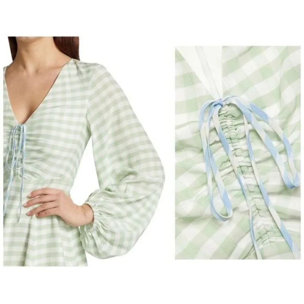 STAUD Olivier Gingham Mini Dress Green Blue Size 2 NWT